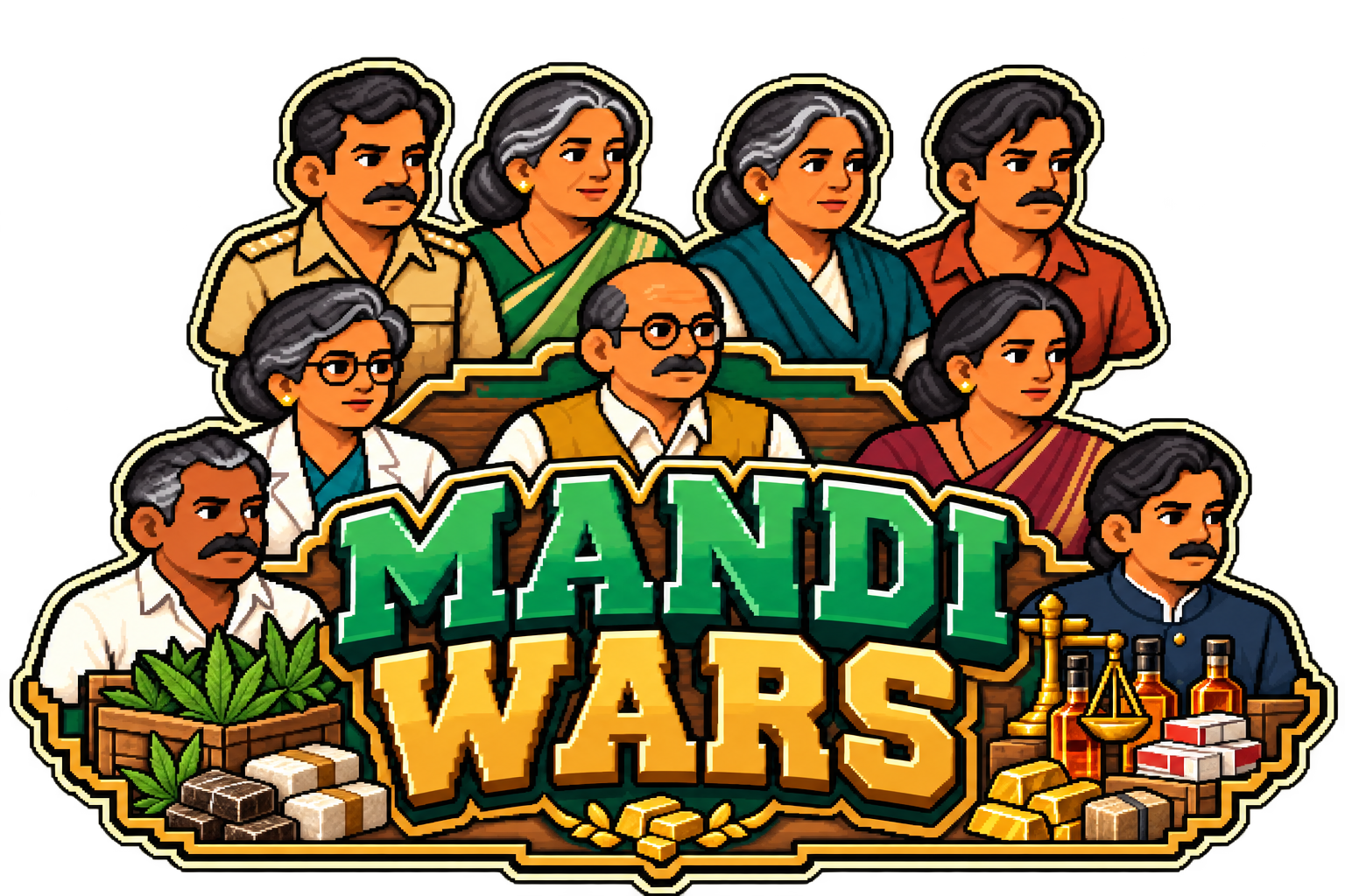 Mandi Wars logo surrounded by its nine characters, contraband crates, whisky and gold